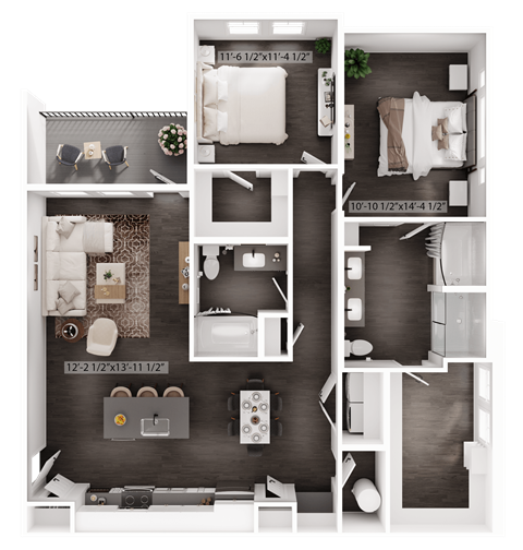 Floor plan for 2 beds, 2 baths, 1280 sqft